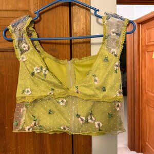 Green Lace Floral Cropped Tank Top, size M